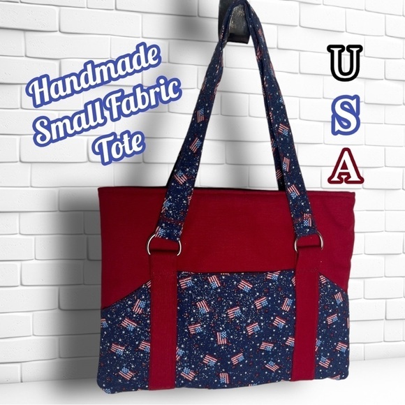 Handmade Red and Blue Fabric Tote - Picture 1 of 9